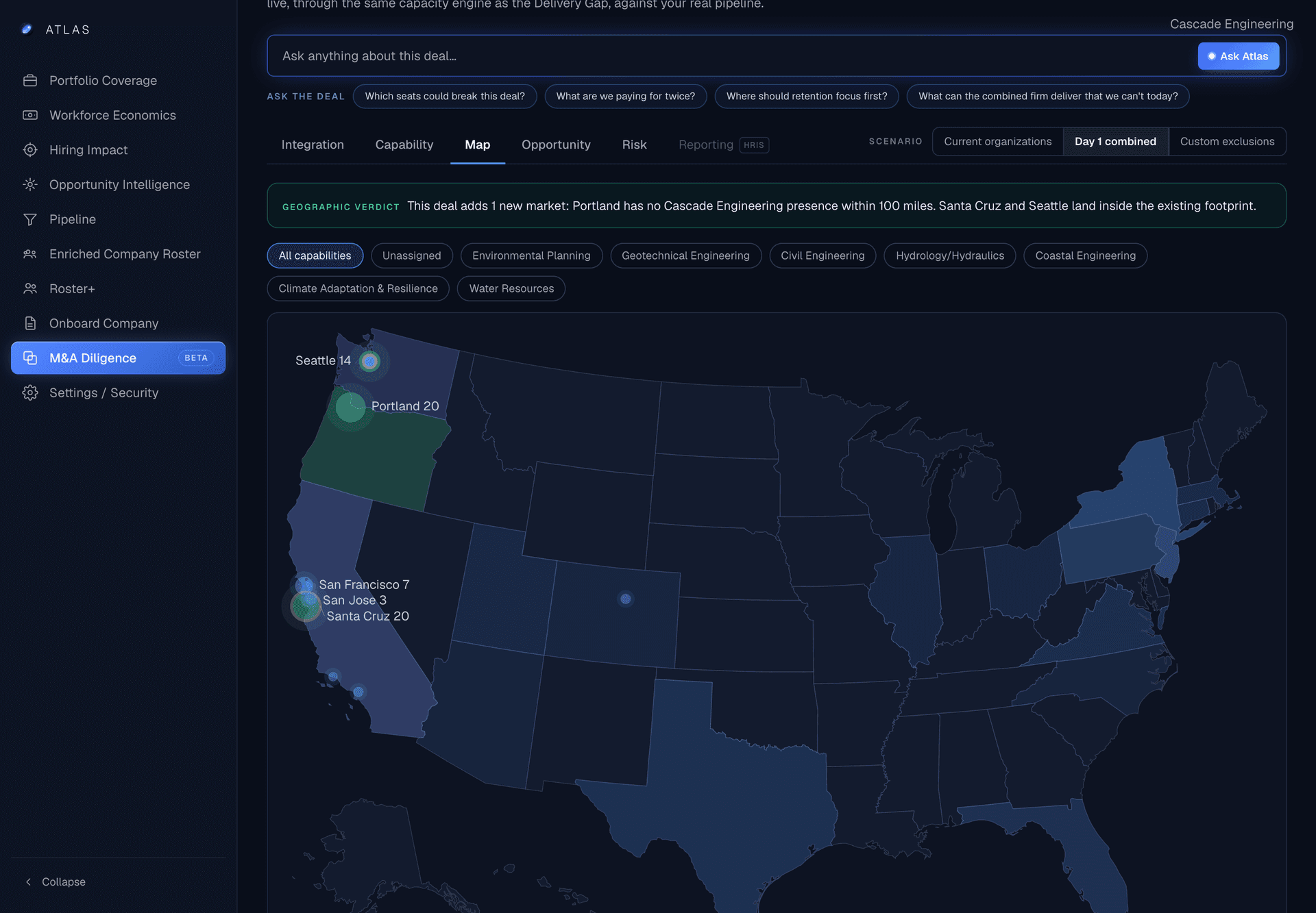 Atlas M&A view: geographic capability overlap of a combined firm, mapped office by office